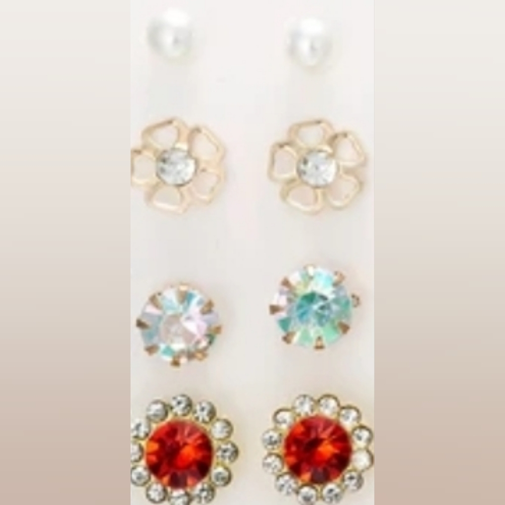 4pc floral, rhinestone & pearl stud earrings set